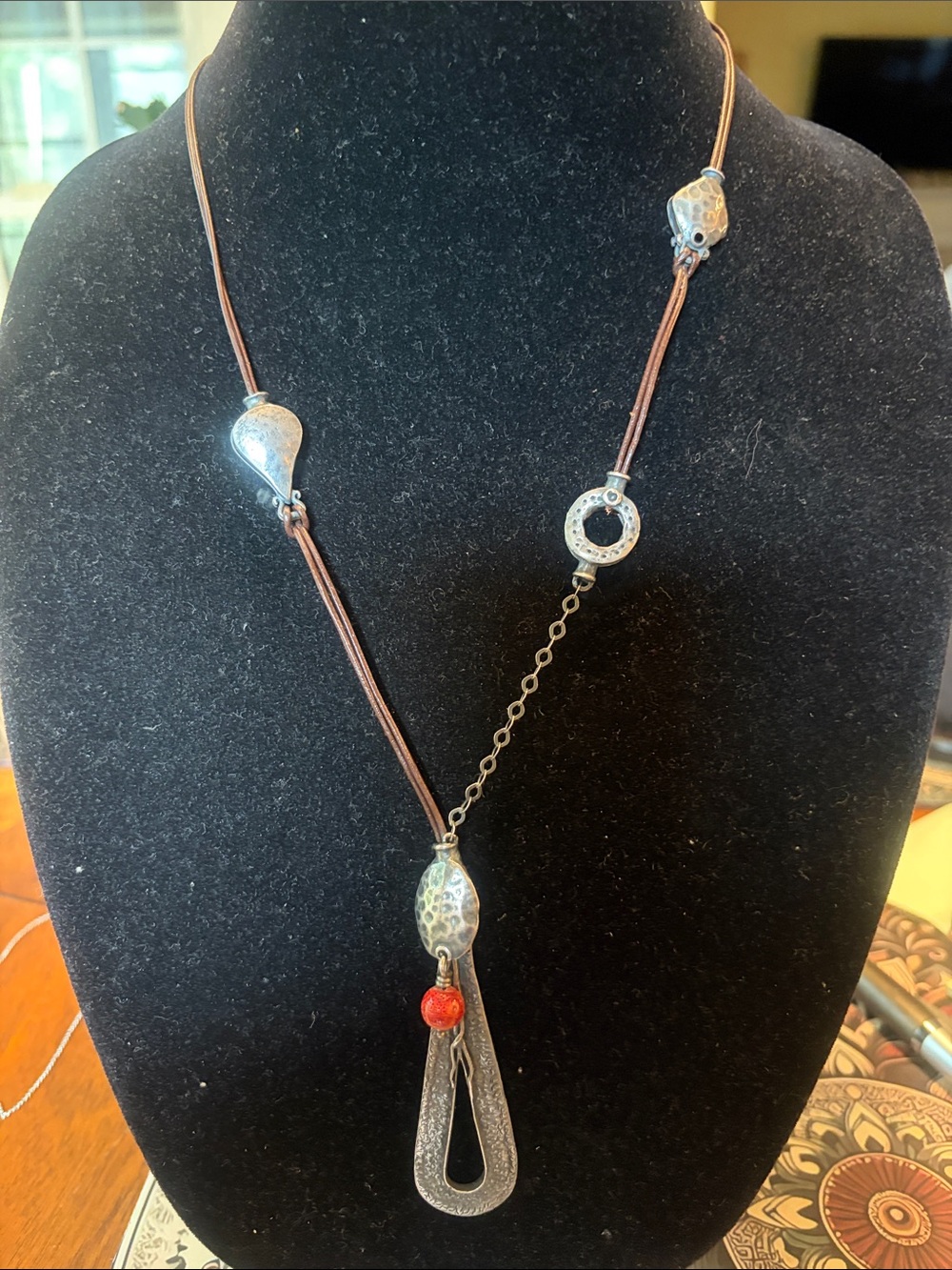 Silpada sterling silver and Brown Leather Lariat Necklace with Red Accent